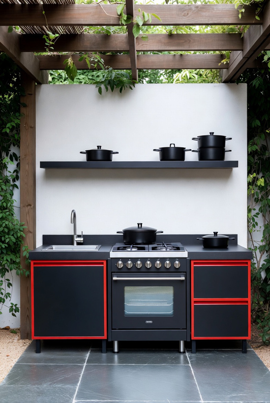 Compact outdoor kitchen with barbecue, shelving and pots under a pergola