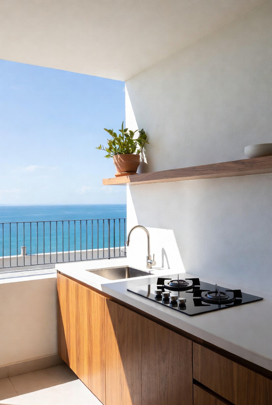 Outdoor kitchen with sea view and gas hob worktop