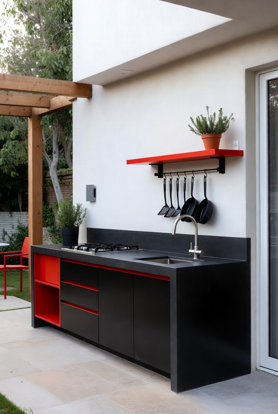Outdoor kitchen with red shelving, hanging pots and fresh herbs