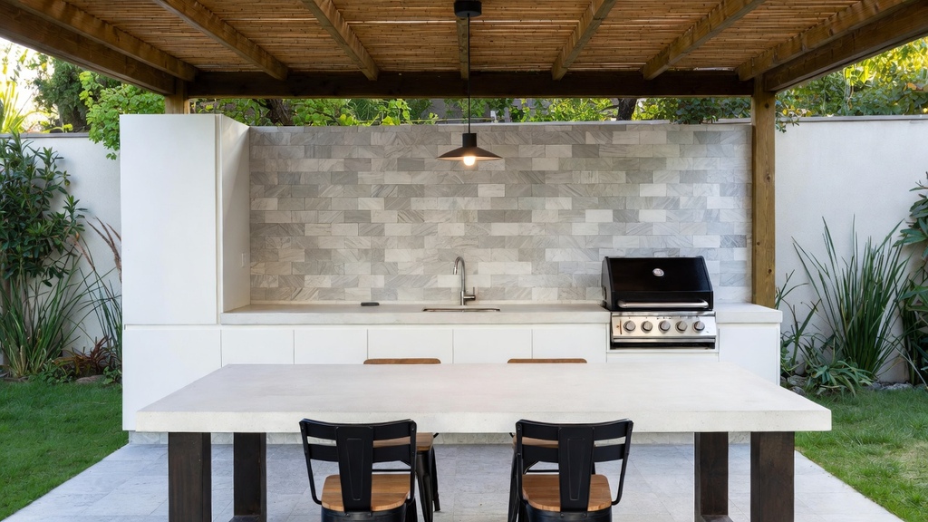 Outdoor kitchen with island under a wooden pergola — ConstanKitchen Innovation