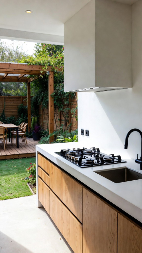 Wood and black outdoor kitchen with range hood — ConstanKitchen Exclusivity