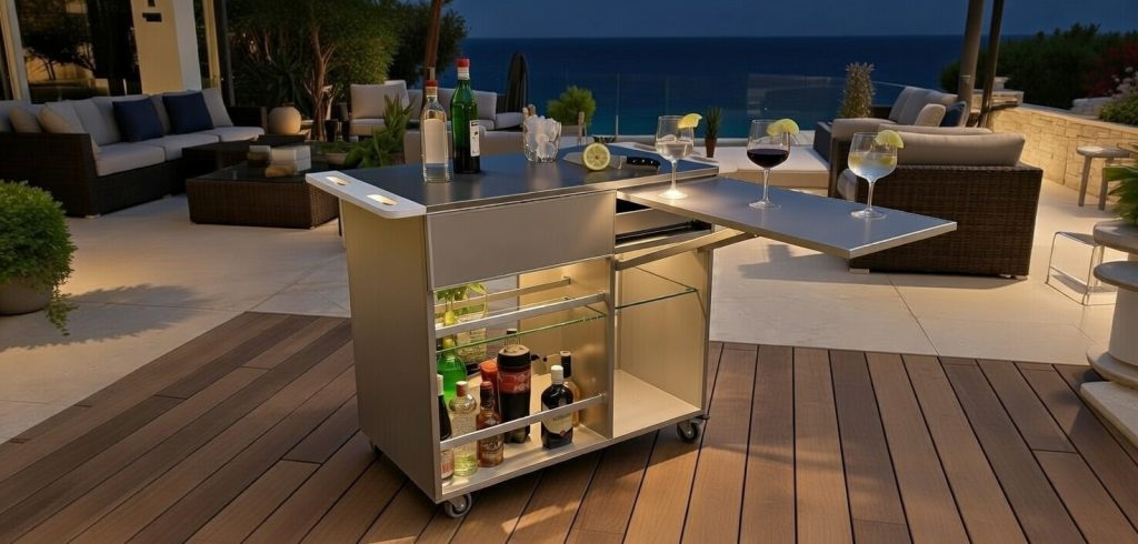 ConstanKitchen outdoor bar cart by the sea at dusk