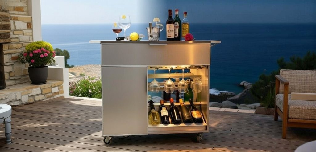ConstanKitchen outdoor bar cart with glassware and bottles, sea view