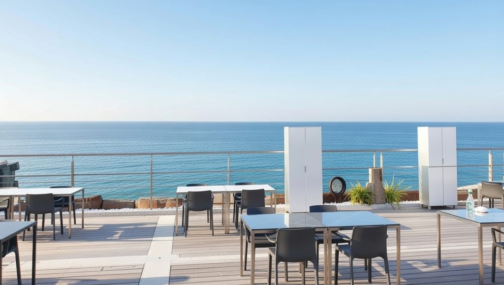 ConstanKitchen tall aluminium cupboards on terrace with sea view