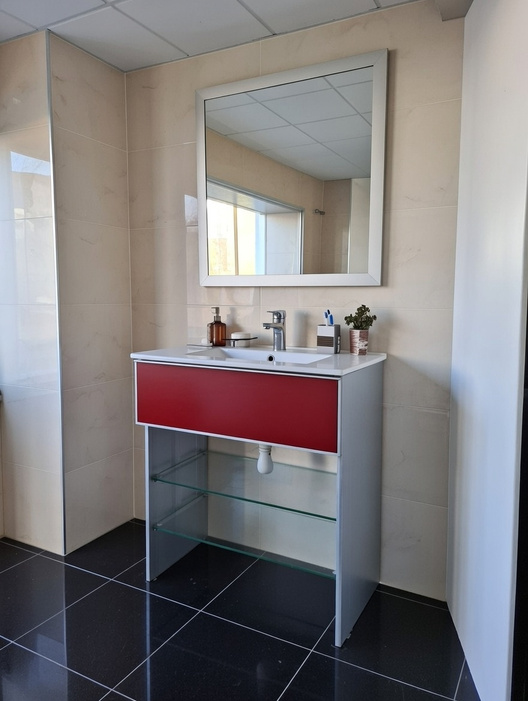 DELUXE bathroom vanity — red front with glass shelf