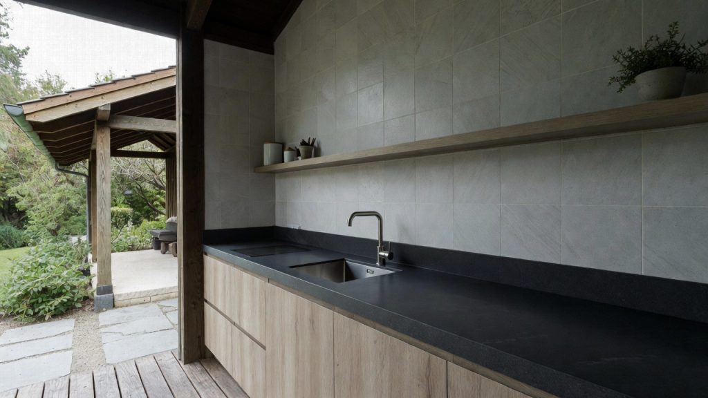 Long black outdoor kitchen with dark worktop — ConstanKitchen client project