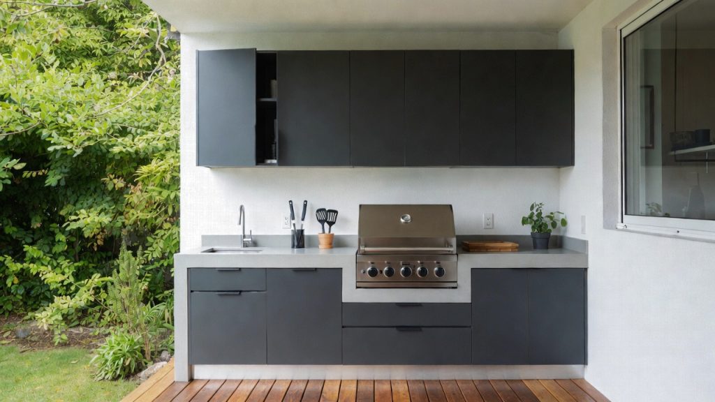 Compact anthracite outdoor kitchen with island — ConstanKitchen client project