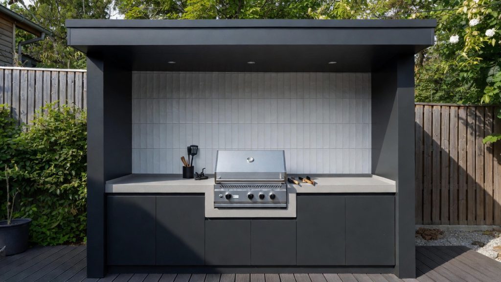 Covered outdoor kitchen with central barbecue — ConstanKitchen client project