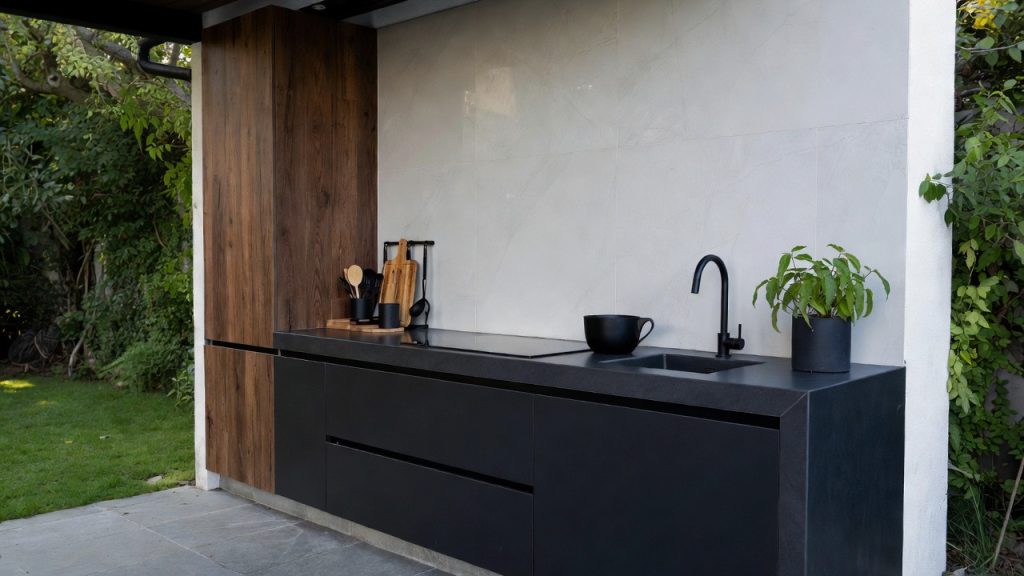 Suspended black and wood outdoor kitchen — ConstanKitchen client project